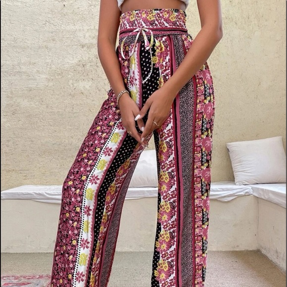 Boho Paisley Floral Polka Dot Print High Waist Rise Palazzo Wide Leg Pants - Picture 11 of 11